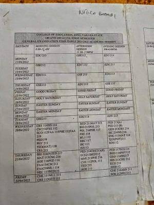 College of Education Zing 100L & 200L first semester examination timetable, 2021/2022