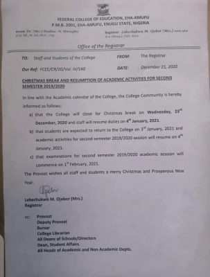 FCE Eha-Amufu Christmas break and resumption for 2nd semester 2019/2020