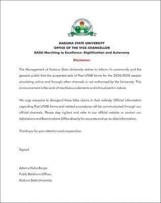 KASU issues disclaimer notice on release of Post-UTME form for 2024/2025 session