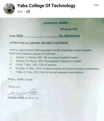 YABATECH approved academic board calendar