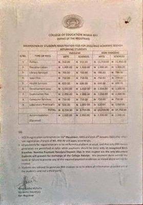 College of Education, Wakabiu schedule of fees for returning students, 2021/2022