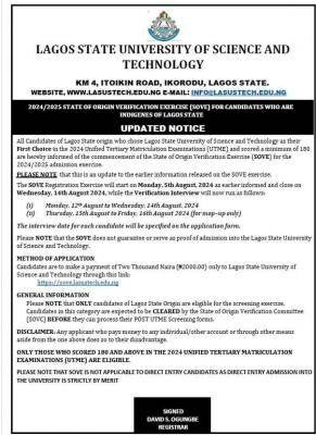 LASUSTECH update on verification exercise, 2024/2025 admissions