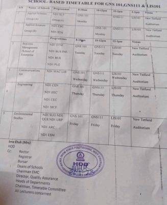 Akwa Poly school based timetable for GNS 101, GNS 111 & LIS 101