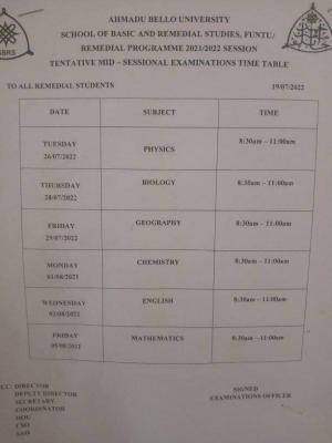 ABU remedial mid-sessional examination timetable