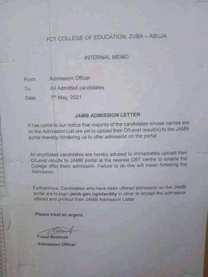 FCE, Zuba notice to prospective students, 2020/2021