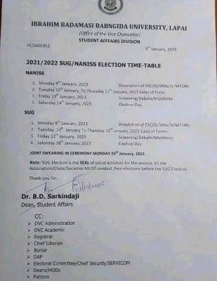 IBBU SUG/NANISS election timetable, 2021/2022