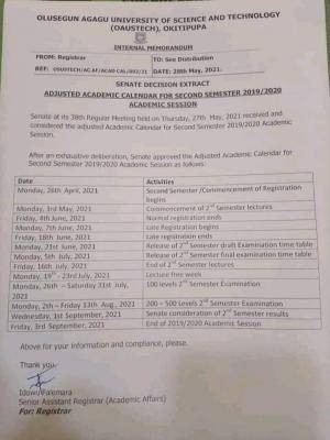 OAUSTECH adjusted  2nd semester academic calendar, 2019/2020