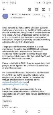 LAUTECH disclaimer notice on admission letter, 2020/2021 session