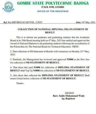 Gombe State Poly notice on collection of ND Statement of Results