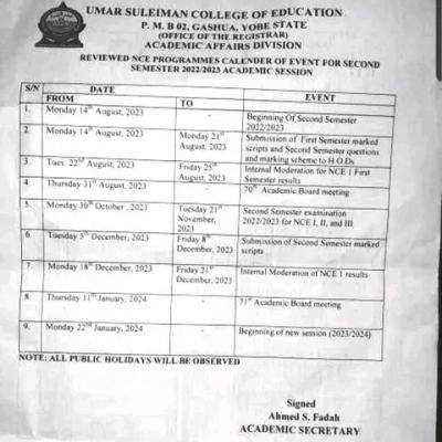 Umar Suleiman College of Education second semester academic calendar, 2022/2023