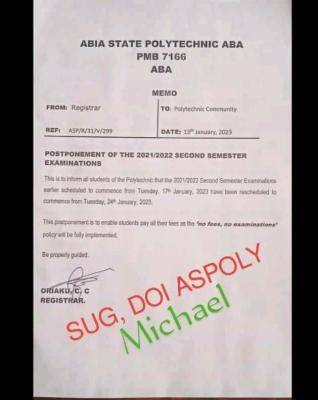 Abia State Poly postpone 2nd semester examination, 2021/2022