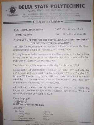 Delta State Polytechnic Otefe suspends academic activities