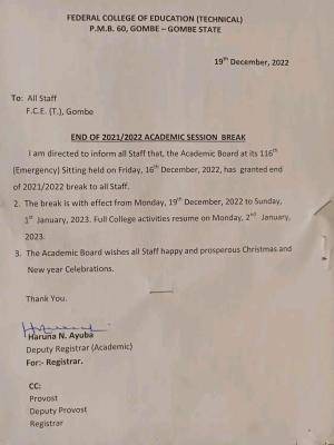 FCE (Technical) Gombe notice on end of 2021/2022 academic session break