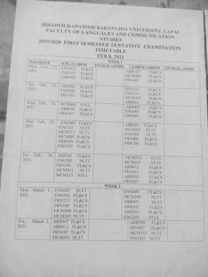 IBBU First semester examination time table for 2019/2020 session