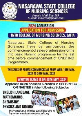 Nasarawa College Of Nursing Sciences, Lafia Basic Nursing admission form, 2024/2025