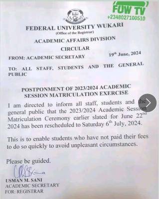 FUWUKARI postpones Matriculation ceremony, 2023/2024