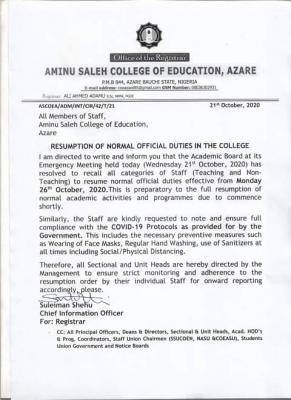 Aminu saleh college of education directs staff to resume