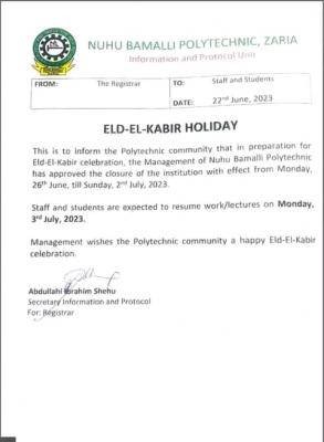 Nuhu Bamalli Polytechnic notice on commencement of Sallah break