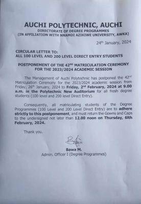 Auchi Poly notice on postponement of 42nd Matriculation ceremony, 2023/2024