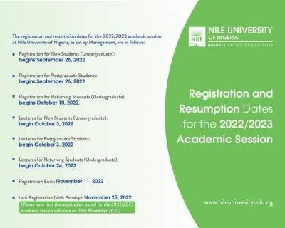 Nile University resumption dates for the 2022/2023 academic session