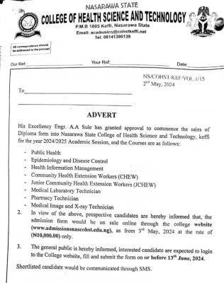 Nassarawa College of Health Science & Tech Keffi releases Diploma form, 2024/2025