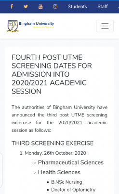 Bingham University 4th Batch Post-UTME screening date for 2020/2021 session