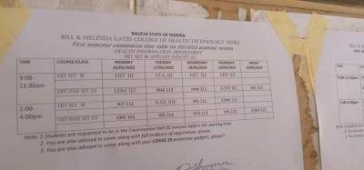 Bill and Melinda College of Health Science 1st semester examination timetable, 2021/2022