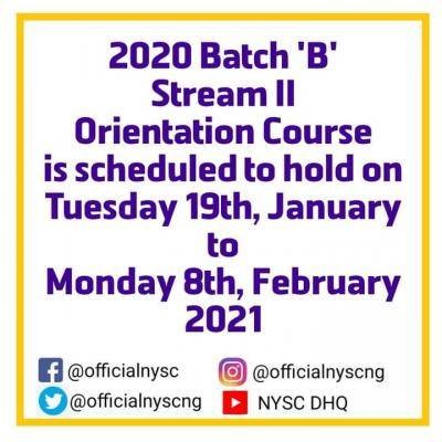 NYSC 2020 Batch B stream II orientation course date