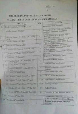 Fed Poly Ado First semester academic calendar, 2023/2024