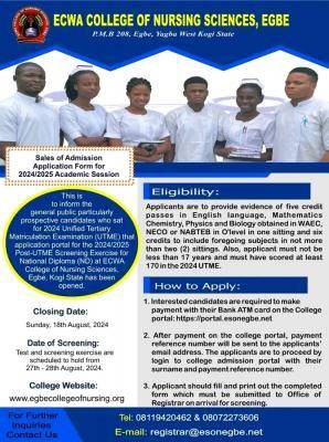 ECWA College of Nursing Sciences, Egbe ND Nursing Admission Form, 2024/2025 (UTME Batch)