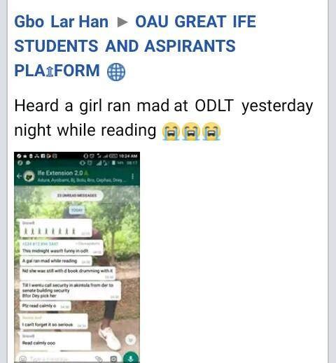 OAU Female Student Goes Mentally Unstable While Reading