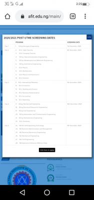 AFIT Post-UTME screening schedule for 2020/2021 session