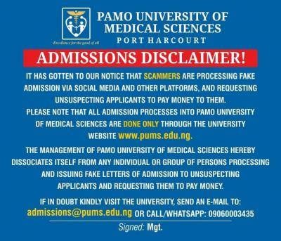 Pamo University of Medical Sciences admission disclaimer notice