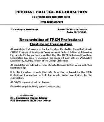 FCE Eha Amufu re-schedules TRCN professional qualifying examination