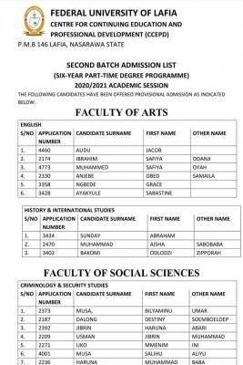 FULAFIA 2nd Batch Part-time undergraduate admission list, 2020/2021