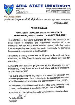 ABSU admission is transparent, based on merit and not for sale - Vice Chancellor