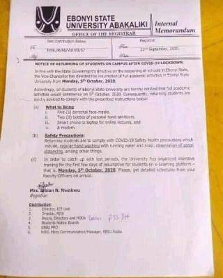 Ebonyi State University resumption of academic activities