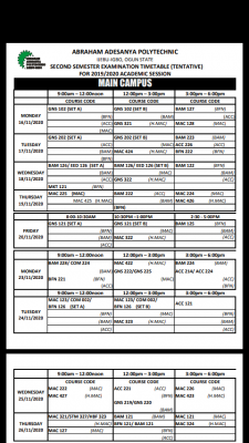 Abraham Adesanya Polytechnic 2nd semester 2019/2020 session time table