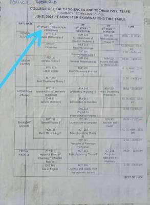 College of Health Science and Technology, Tsafe PT semester examination timetable