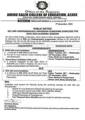 Aminu Saleh COE NCE & Undergraduate admission screening exercise schedule, 2023/2024