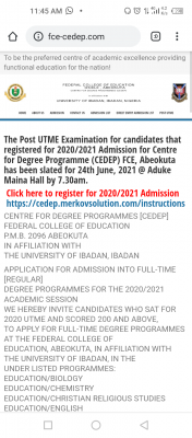 FCE, Abeokuta CEDEP Post-UTME screening date, 2020/2021