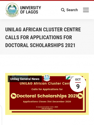 UNILAG African Cluster Centre applications for Doctoral scholarships, 2021