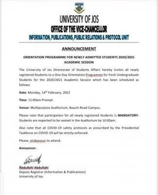 UNIJOS orientation programme for new students, 2020/2021