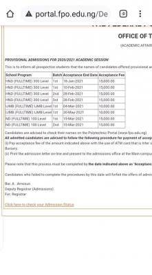 OFFAPOLY extends ND Full time acceptance fee Payment deadline for 2020/2021 session