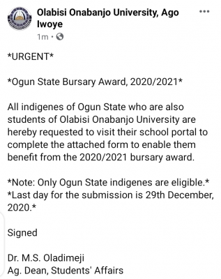 OOU notice to students from Ogun State on 2020/2021 bursary award