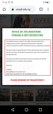 FUNAAB issue a disclaimer notice on staff recruitment in the institution