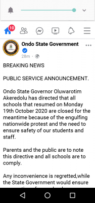 Ondo state government orders closure of all schools