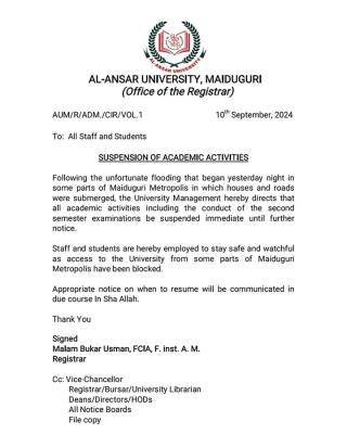 Al-Ansar University suspends academic activities till further notice