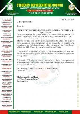 Aliko Dangote University of Science & Tech SUG notice on suspension of events progrmmes