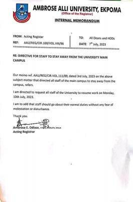 AAU notice on resumption of academic activities on main campus